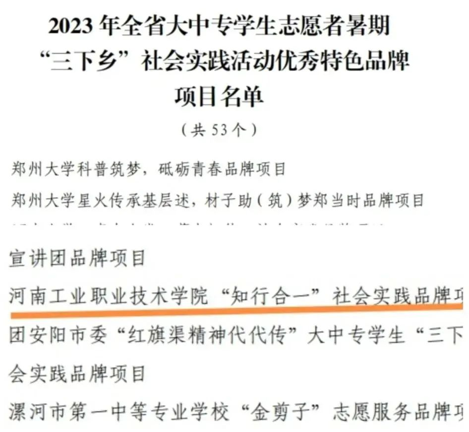 河南工業職業技術學院社會實踐品牌項目榮獲省三下鄉社會實踐優秀特色品牌項目